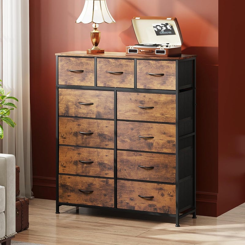 Wlive Storage Organizer Unit with 11 Fabric Bins, Storage Drawers Organizer with Steel Frame, Tall Storage Tower Organizaton for Living Room, Hallway, Office, Rustic Brown - Image 2